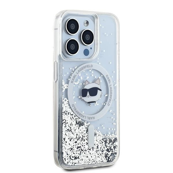Étui MagSafe pour Apple iPhone 15 Pro, Karl Lagerfeld, Tête de Choupette à Paillettes Liquides, Transparent