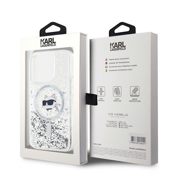 Étui MagSafe pour Apple iPhone 15 Pro, Karl Lagerfeld, Tête de Choupette à Paillettes Liquides, Transparent