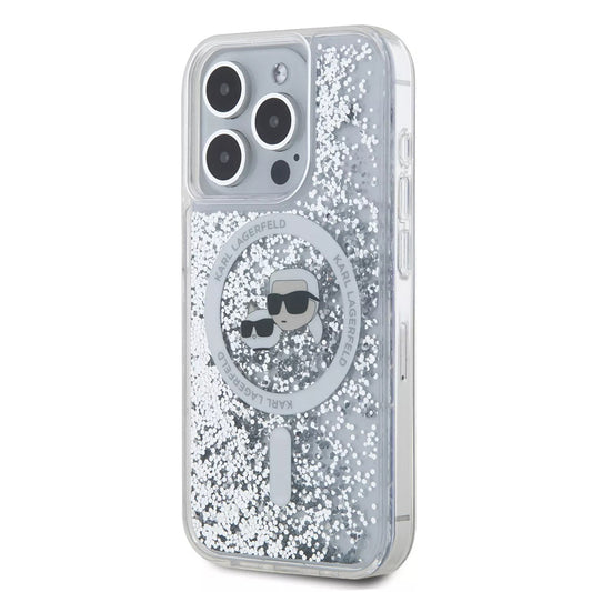 Coque MagSafe pour Apple iPhone 15 Pro, Karl Lagerfeld, Liquid Glitter Karl & Choupette's Heads, Transparente