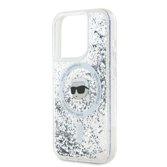 Coque MagSafe pour Apple iPhone 15 Pro, Karl Lagerfeld, Liquid Glitter Karl's Head, Transparente