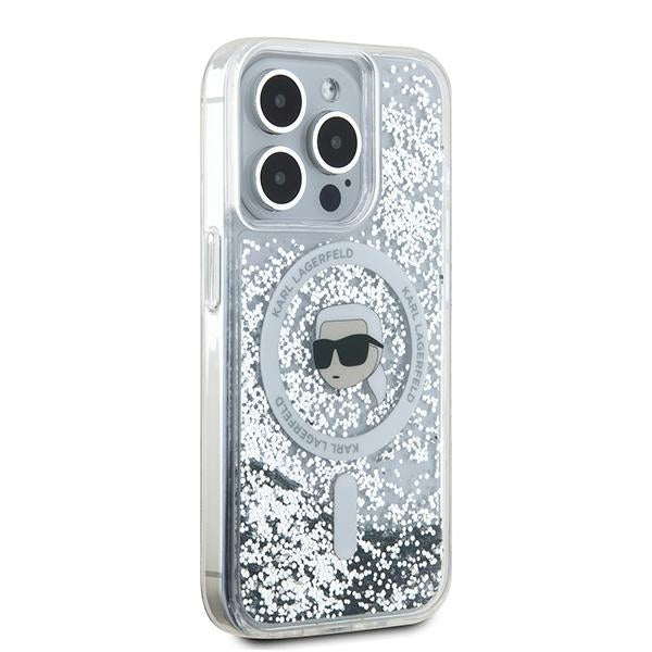 Coque MagSafe pour Apple iPhone 15 Pro, Karl Lagerfeld, Liquid Glitter Karl's Head, Transparente