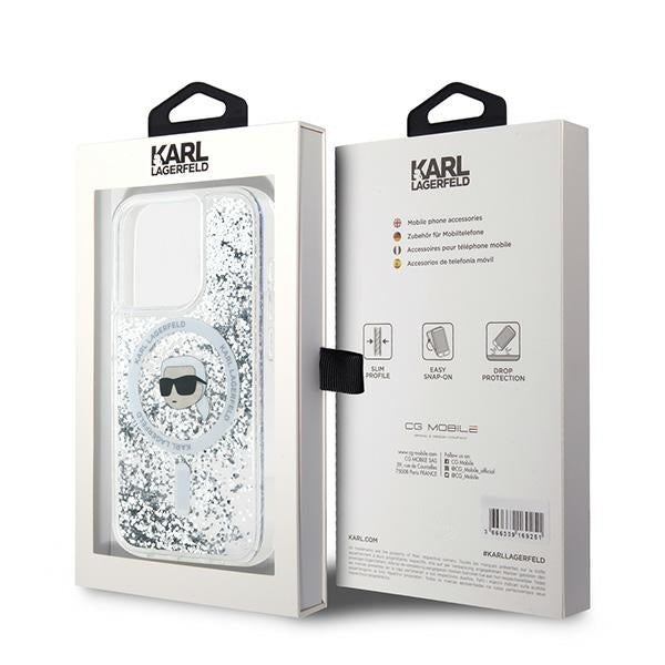 Coque MagSafe pour Apple iPhone 15 Pro, Karl Lagerfeld, Liquid Glitter Karl's Head, Transparente