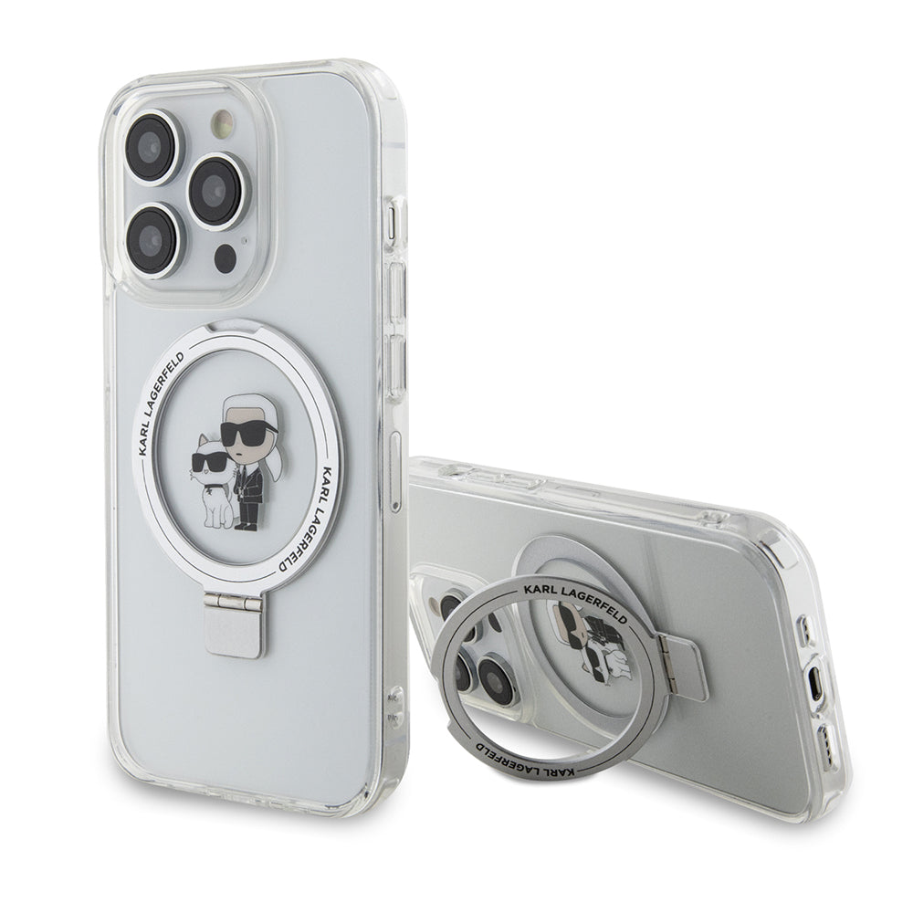 Coque MagSafe pour Apple iPhone 15 Pro, Karl Lagerfeld, Ring Stand Karl & Choupette, Blanche