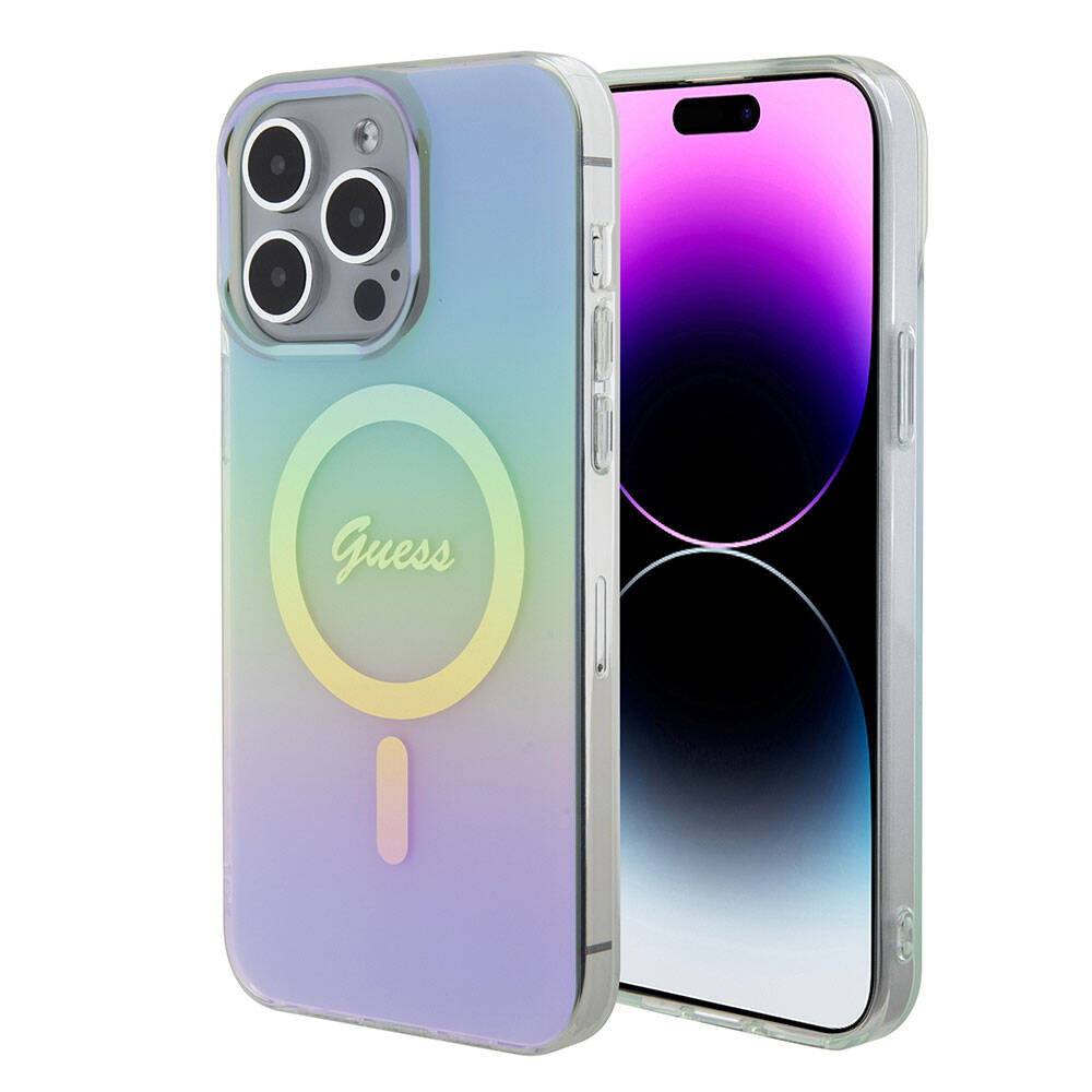 Étui MagSafe pour Apple iPhone 15 Pro Max, Guess, IML Iridescent, Turquoise