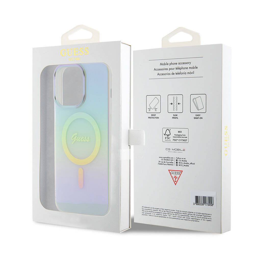 Étui MagSafe pour Apple iPhone 15 Pro Max, Guess, IML Iridescent, Turquoise
