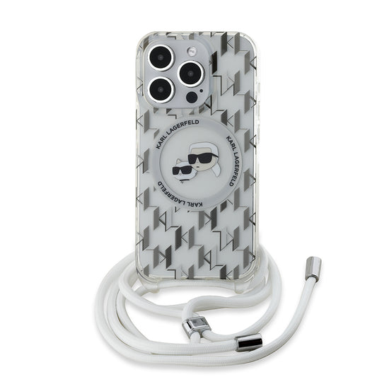 Étui MagSafe pour Apple iPhone 15 Pro Max, Karl Lagerfeld, IML Crossbody Monogram Karl & Choupette's Heads, Transparent