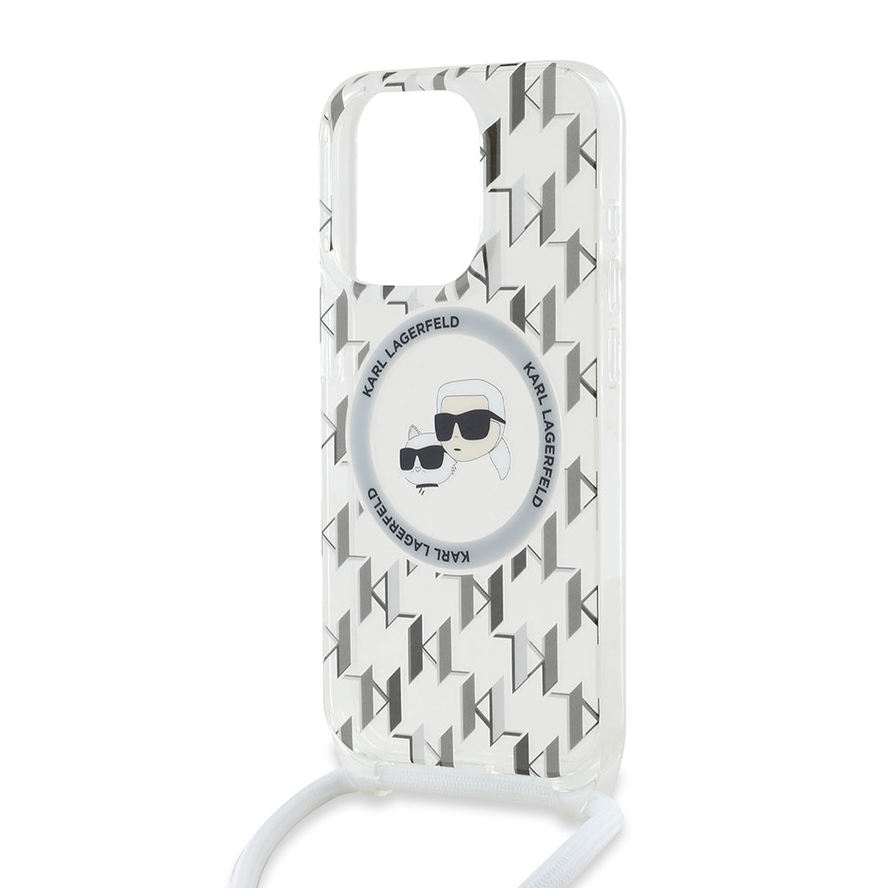 Étui MagSafe pour Apple iPhone 15 Pro Max, Karl Lagerfeld, IML Crossbody Monogram Karl & Choupette's Heads, Transparent