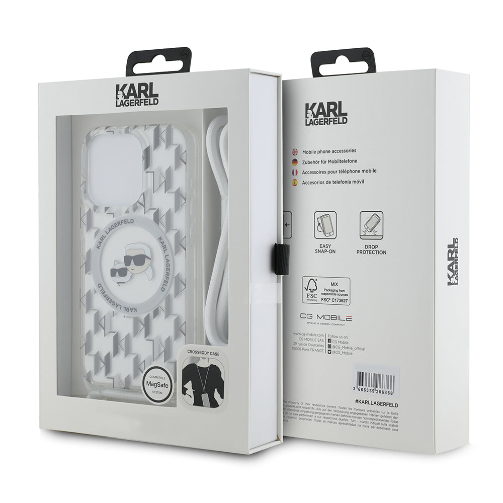 Étui MagSafe pour Apple iPhone 15 Pro Max, Karl Lagerfeld, IML Crossbody Monogram Karl & Choupette's Heads, Transparent
