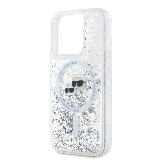 Coque MagSafe pour Apple iPhone 15 Pro Max, Karl Lagerfeld, Liquid Glitter Karl & Choupette's Heads, Transparente