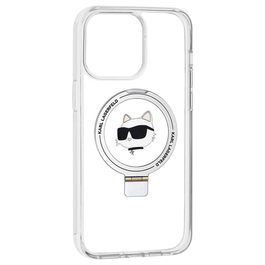 Coque MagSafe pour Apple iPhone 15 Pro Max, Karl Lagerfeld, Ring Stand Choupette's Head, Blanche