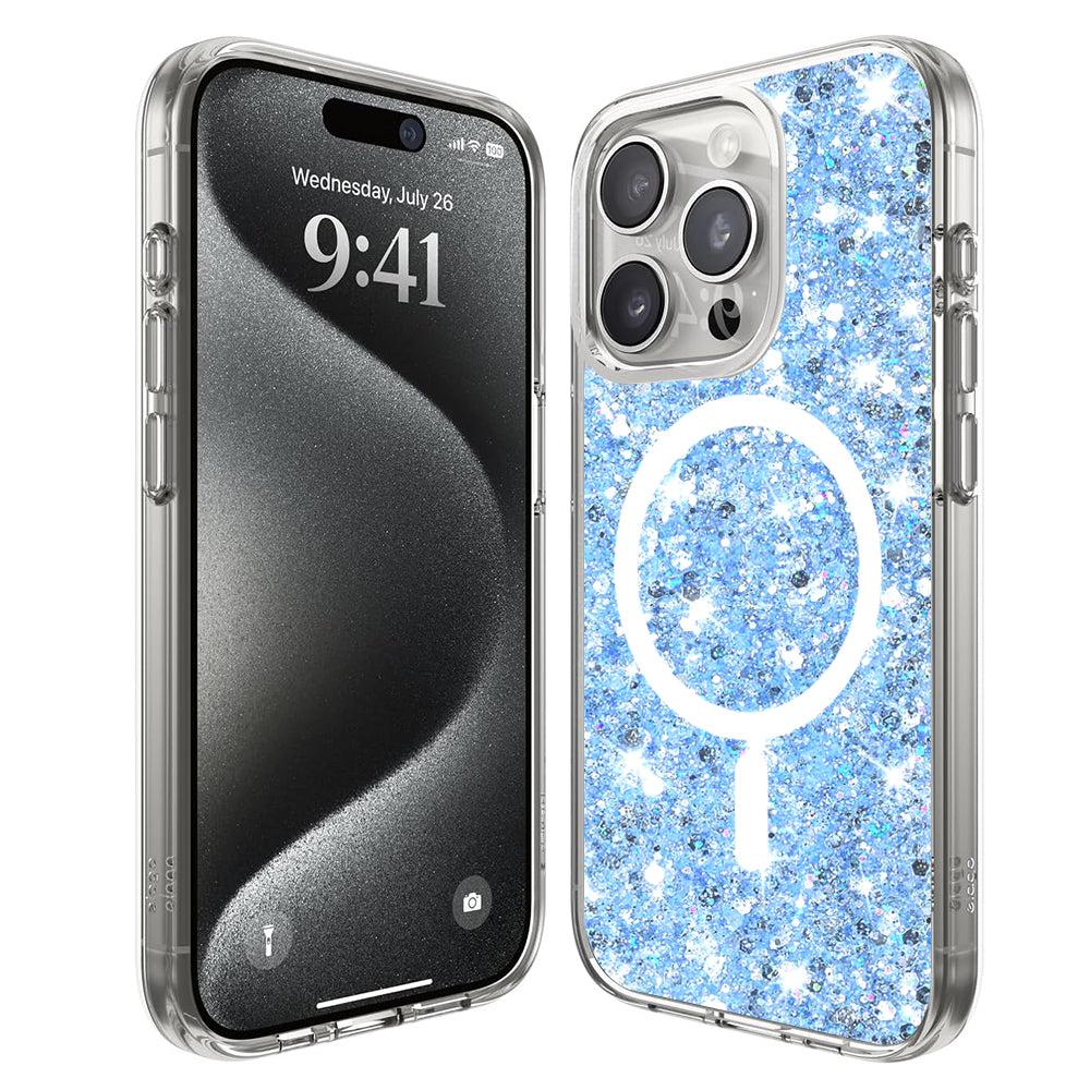 Coque MagSafe pour Apple iPhone 15 Pro, Techsuit, Paillettes Scintillantes, Bleu