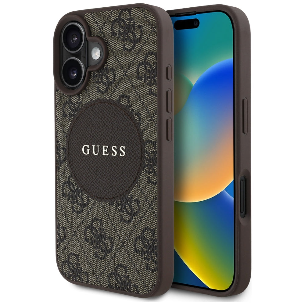 Étui MagSafe pour Apple iPhone 16, Guess, 4G Circle Classic Logo, Marron