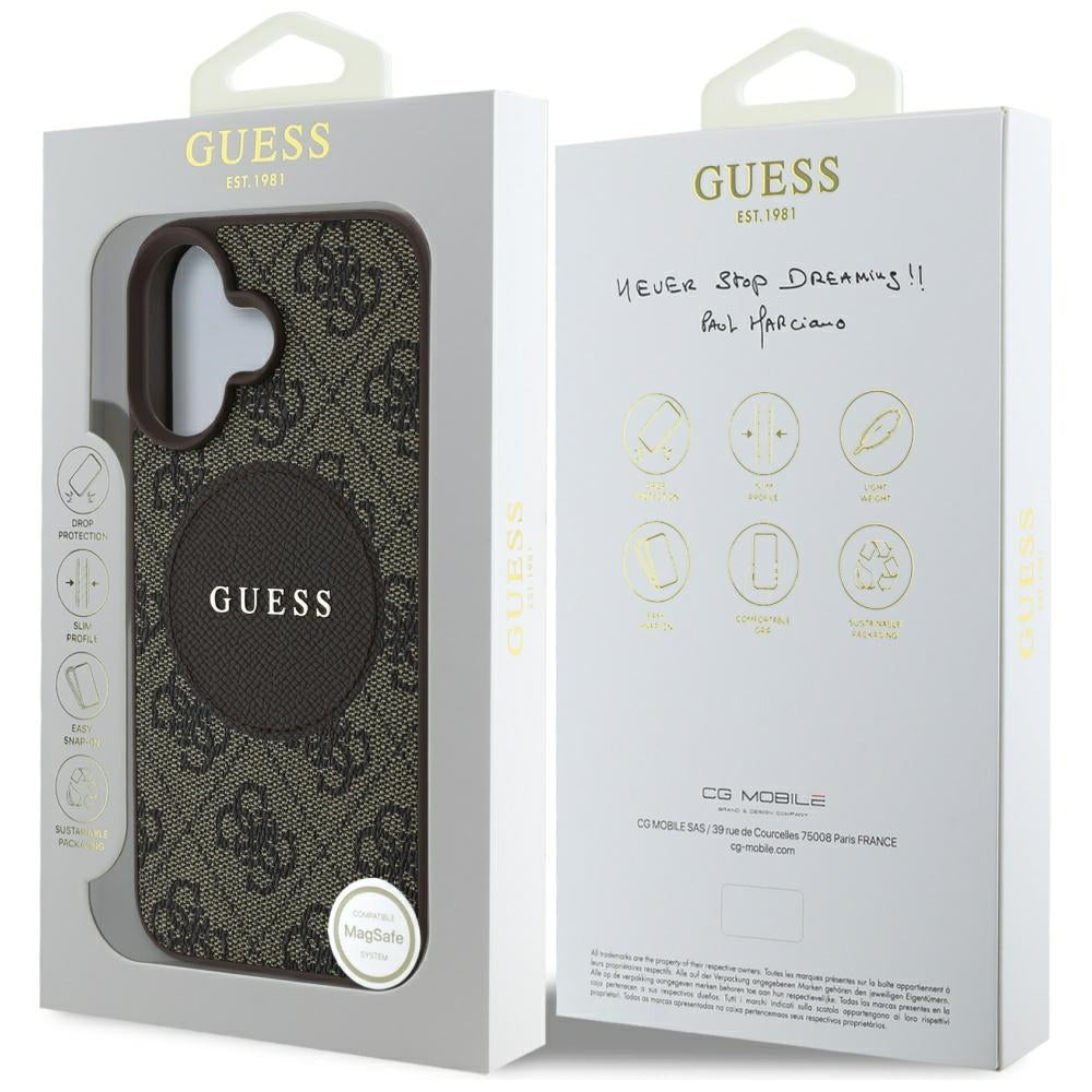 Étui MagSafe pour Apple iPhone 16, Guess, 4G Circle Classic Logo, Marron