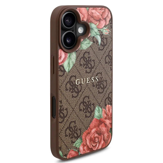 Coque MagSafe pour Apple iPhone 16, Guess, Imprimé Fleurs 4G, Marron
