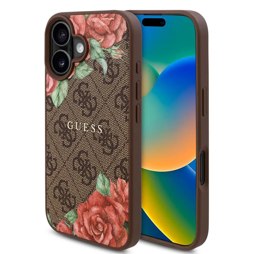 Coque MagSafe pour Apple iPhone 16, Guess, Imprimé Fleurs 4G, Marron