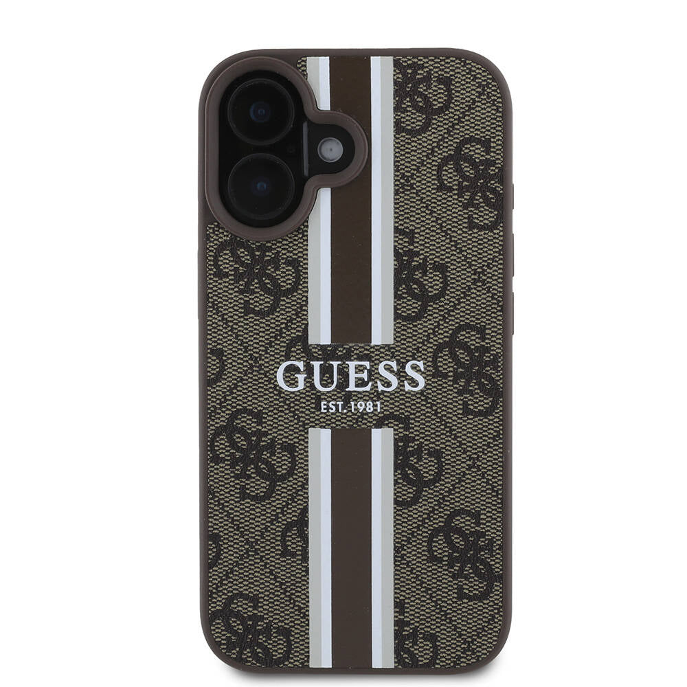 Étui MagSafe pour Apple iPhone 16, Guess, 4G Printed Stripes, Marron