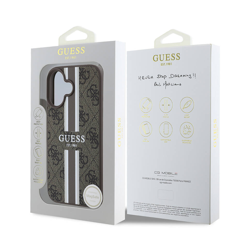 Étui MagSafe pour Apple iPhone 16, Guess, 4G Printed Stripes, Marron