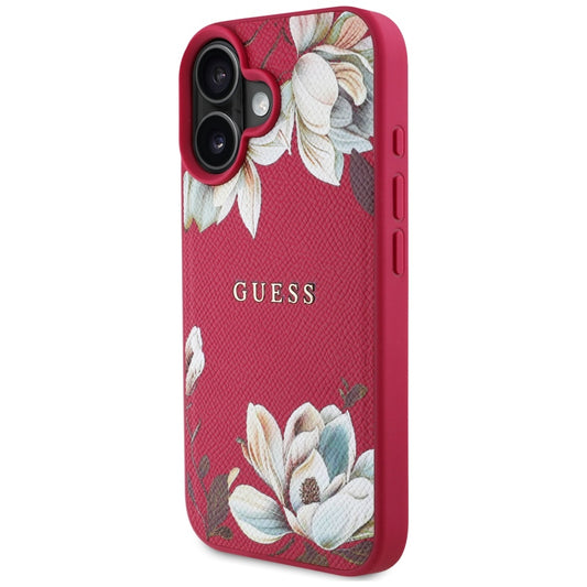 Coque MagSafe pour Apple iPhone 16, Guess, Grained Flowers, Fuchsia