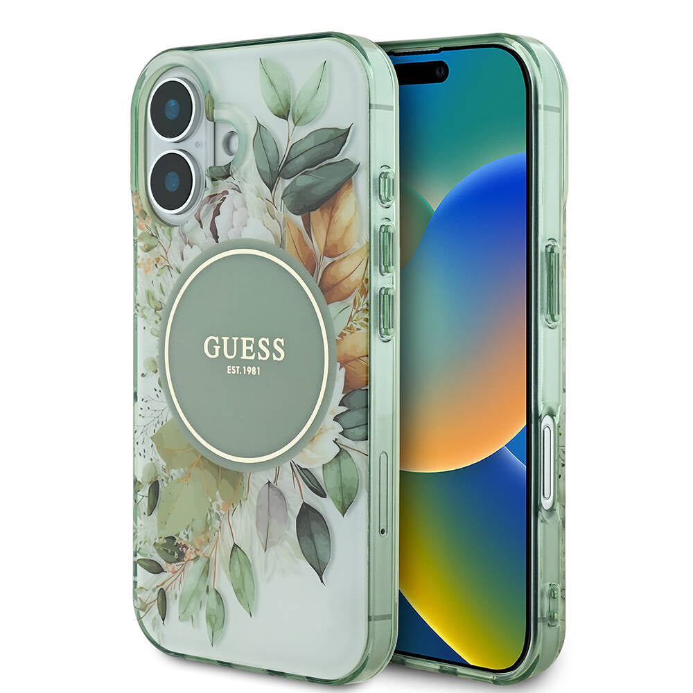 Coque MagSafe pour Apple iPhone 16, Guess, IML Flower & Tonal Circle, Vert