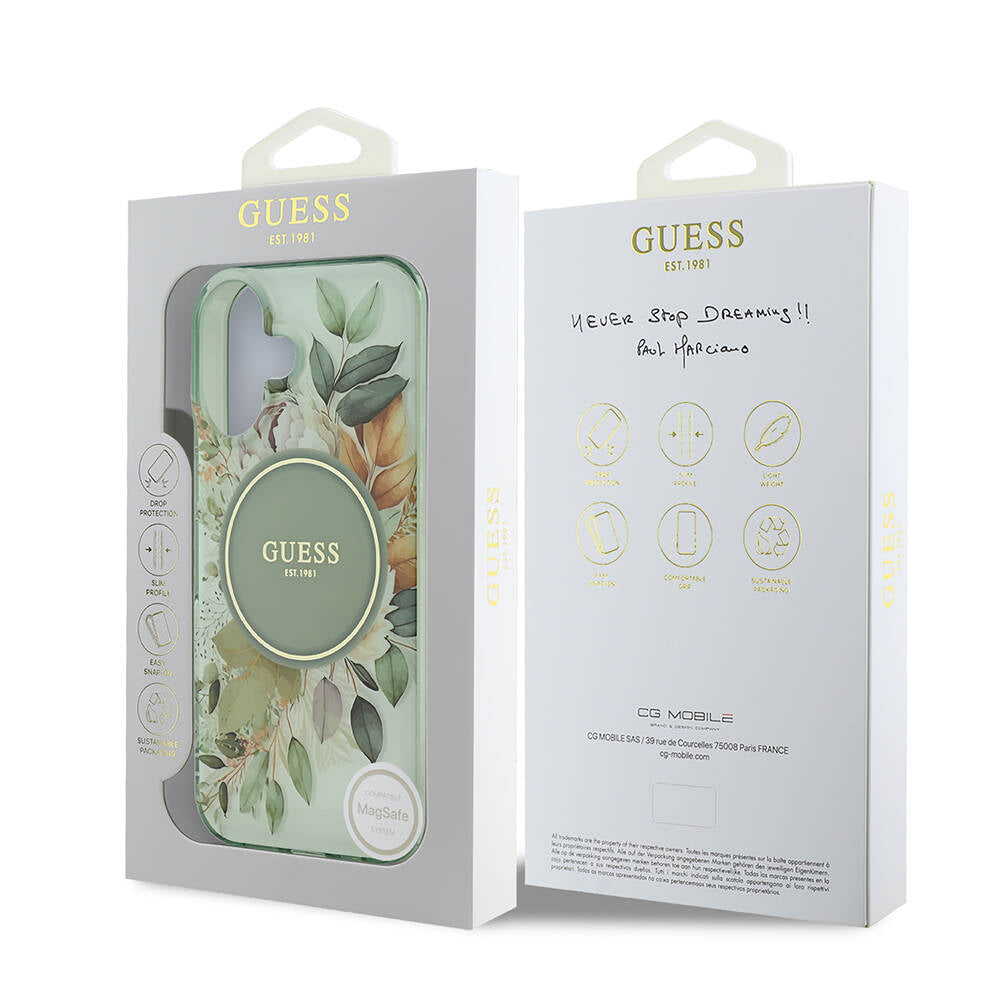 Coque MagSafe pour Apple iPhone 16, Guess, IML Flower & Tonal Circle, Vert