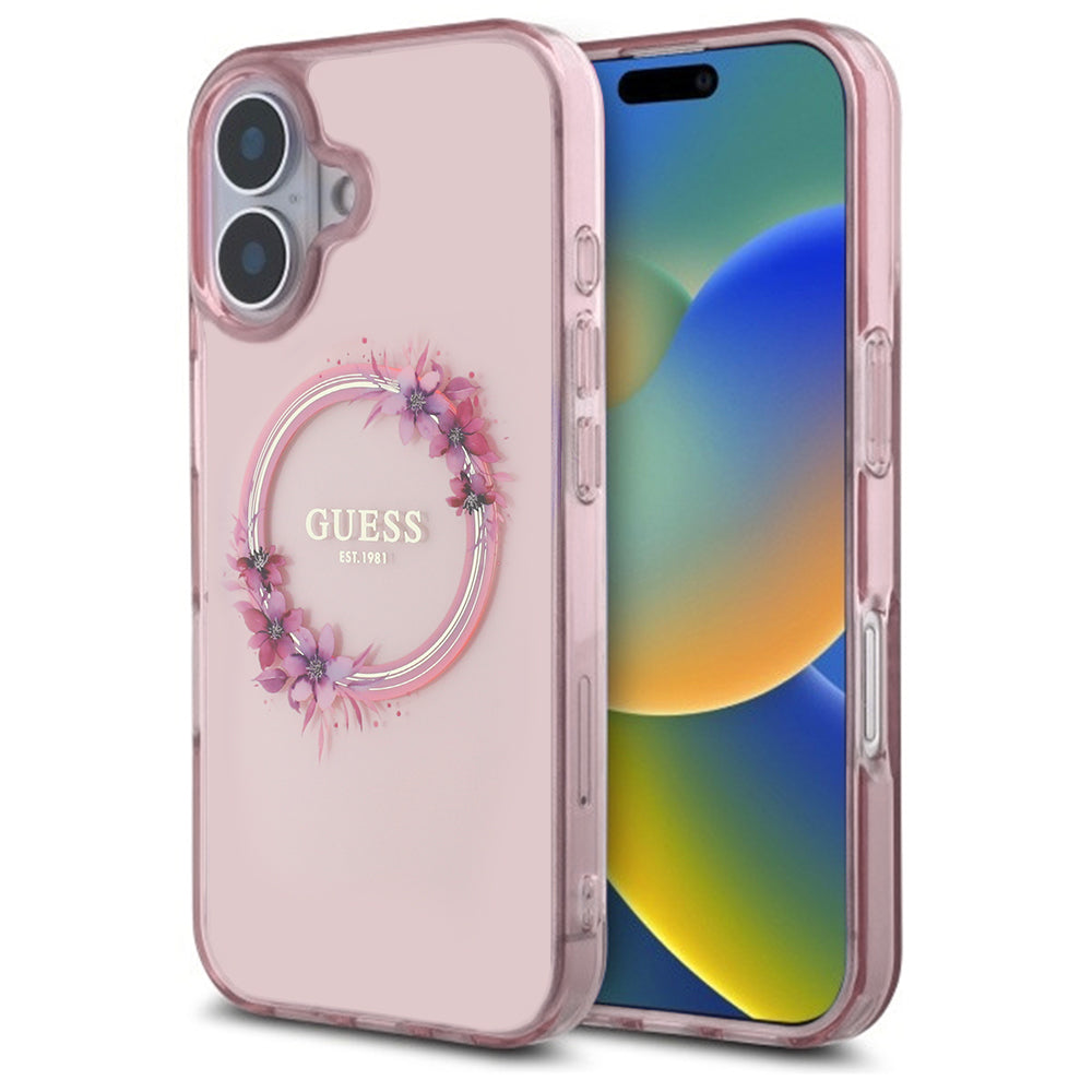 MagSafe Case for Apple iPhone 16, Guess, IML Flowers Wreath, Pink
