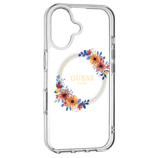 Coque MagSafe pour Apple iPhone 16, Guess, IML Couronne de Fleurs, Transparente