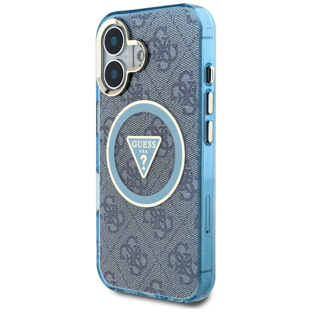 Étui MagSafe pour Apple iPhone 16, Guess, IML Glitter 4G Circle Triangle, Bleu