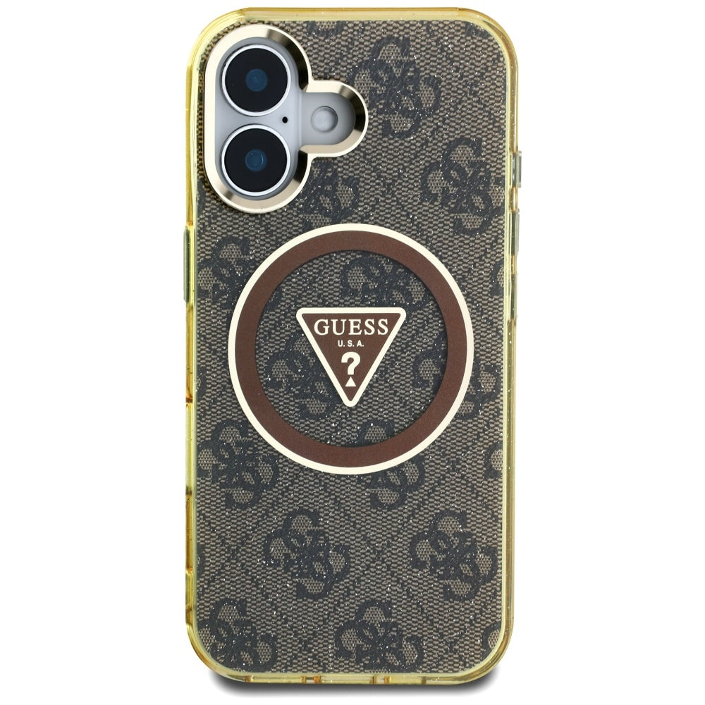 Étui MagSafe pour Apple iPhone 16, Guess, IML Glitter 4G Circle Triangle, Marron