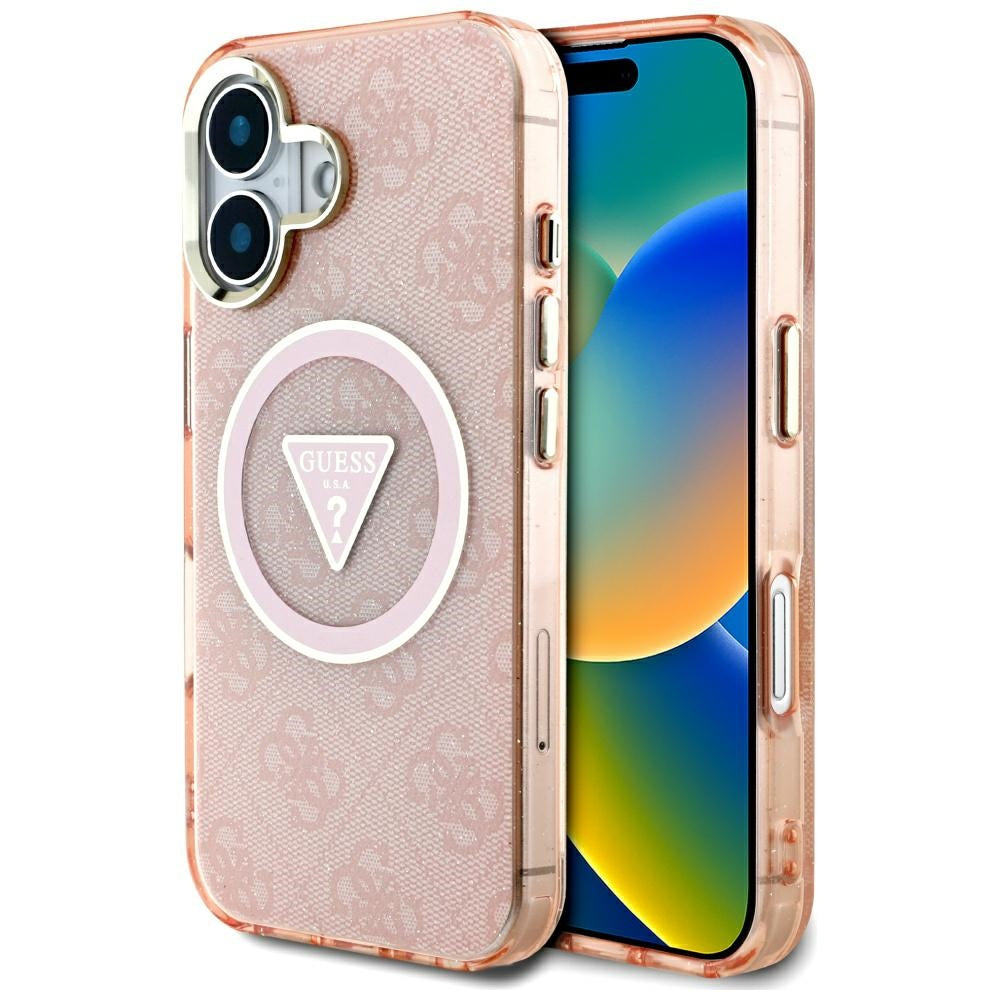 Étui MagSafe pour Apple iPhone 16, Guess, IML Glitter 4G Cercle Triangle, Rose