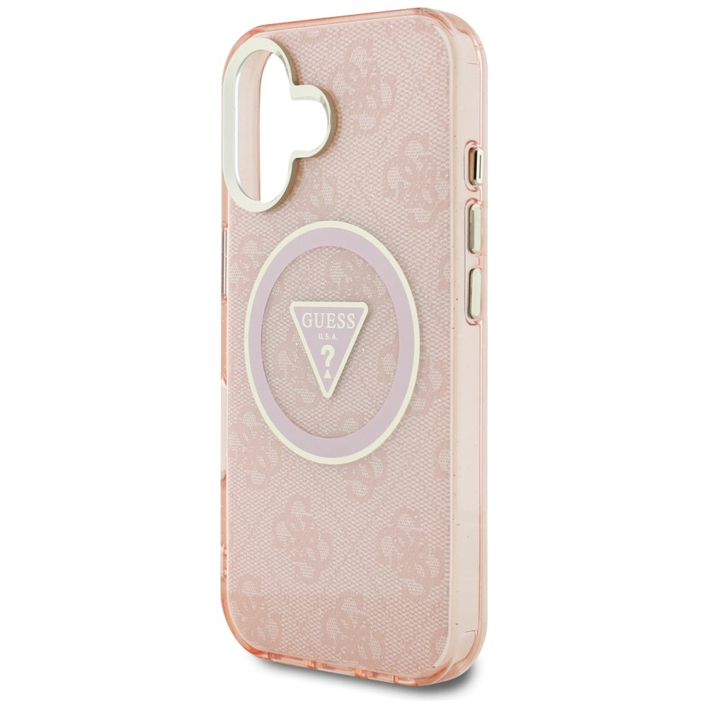 Étui MagSafe pour Apple iPhone 16, Guess, IML Glitter 4G Cercle Triangle, Rose