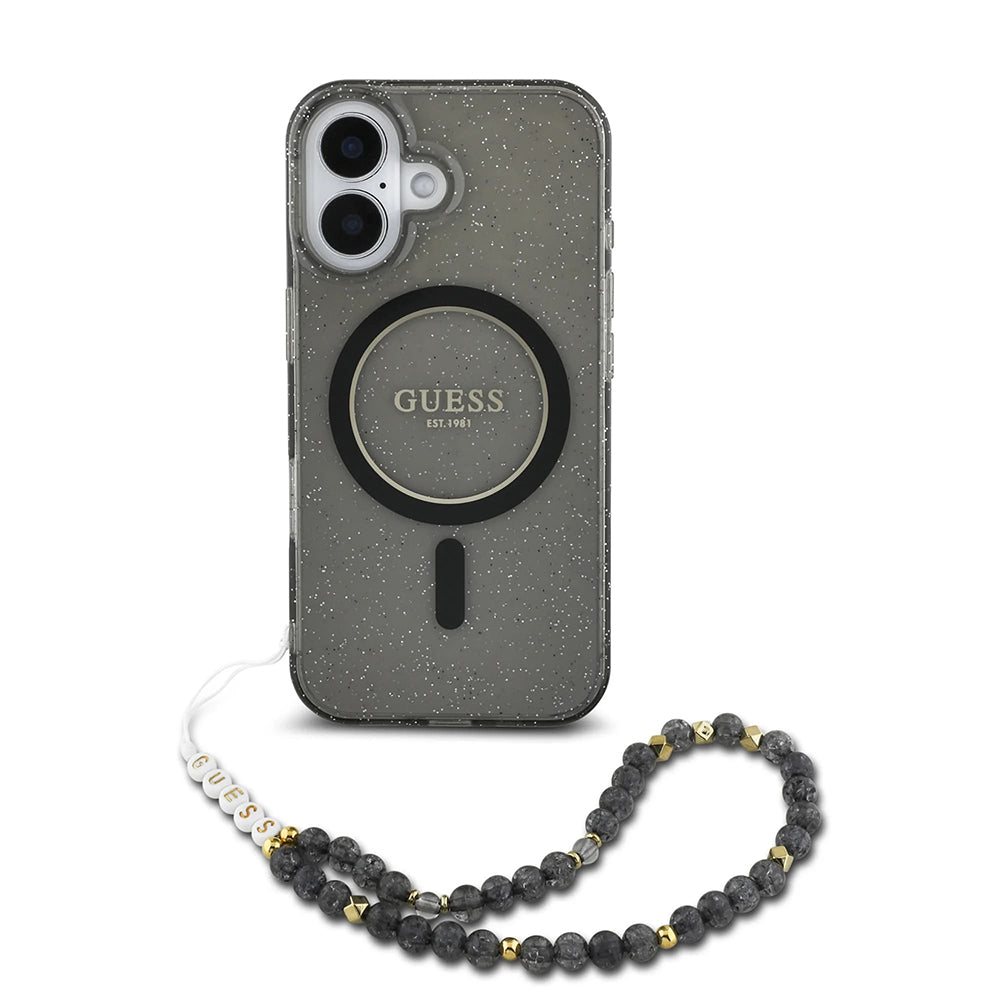 Étui MagSafe pour Apple iPhone 16, Guess, IML Glitter avec sangle perle, Noir