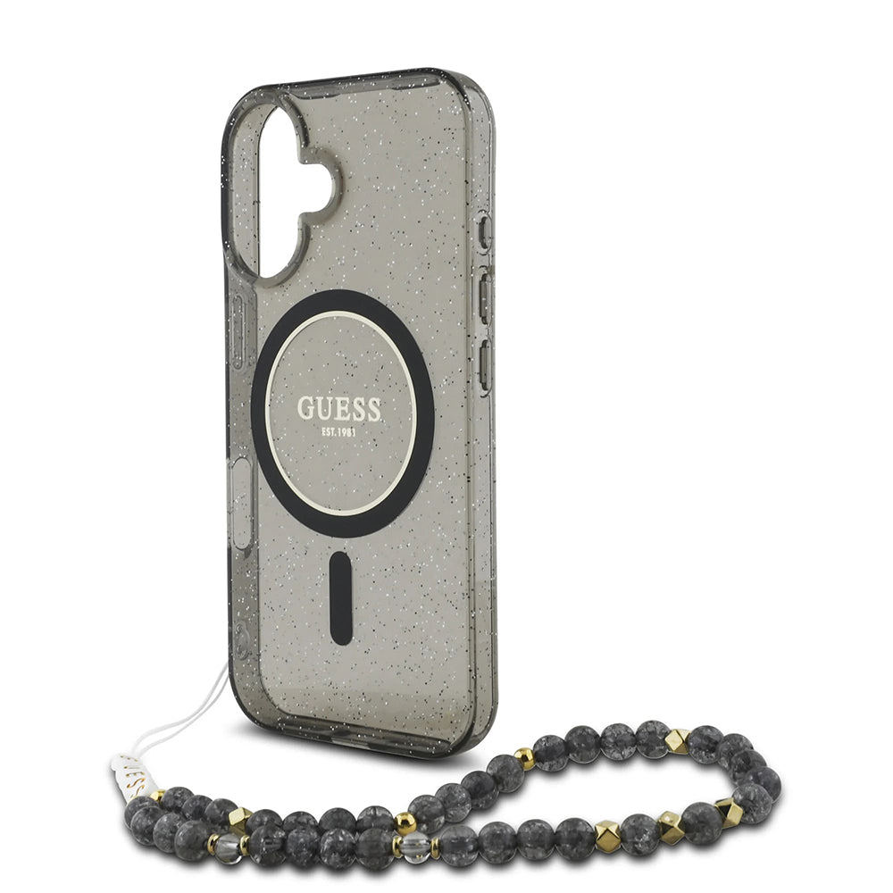 Étui MagSafe pour Apple iPhone 16, Guess, IML Glitter avec sangle perle, Noir