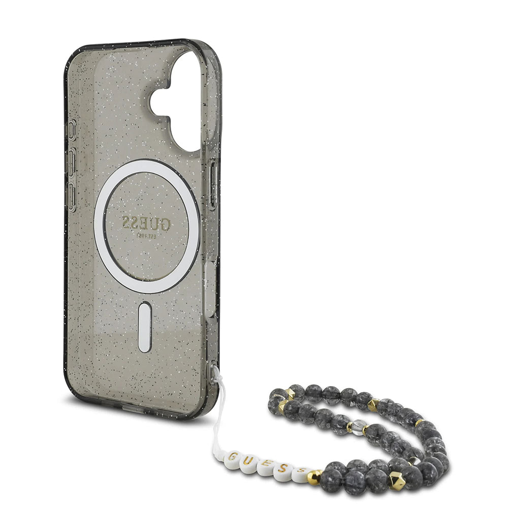 Étui MagSafe pour Apple iPhone 16, Guess, IML Glitter avec sangle perle, Noir
