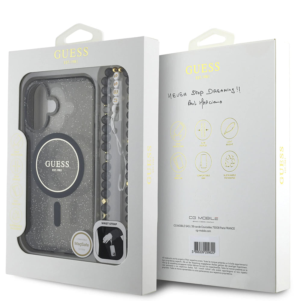 Étui MagSafe pour Apple iPhone 16, Guess, IML Glitter avec sangle perle, Noir