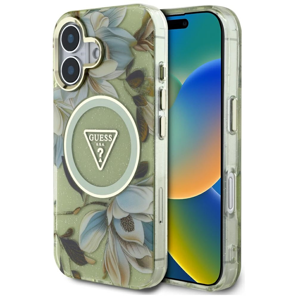 Coque MagSafe pour Apple iPhone 16, Guess, IML Metal Glitter Flowers Triangle, Vert