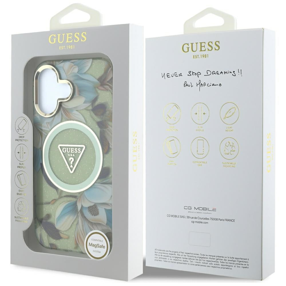 Coque MagSafe pour Apple iPhone 16, Guess, IML Metal Glitter Flowers Triangle, Vert