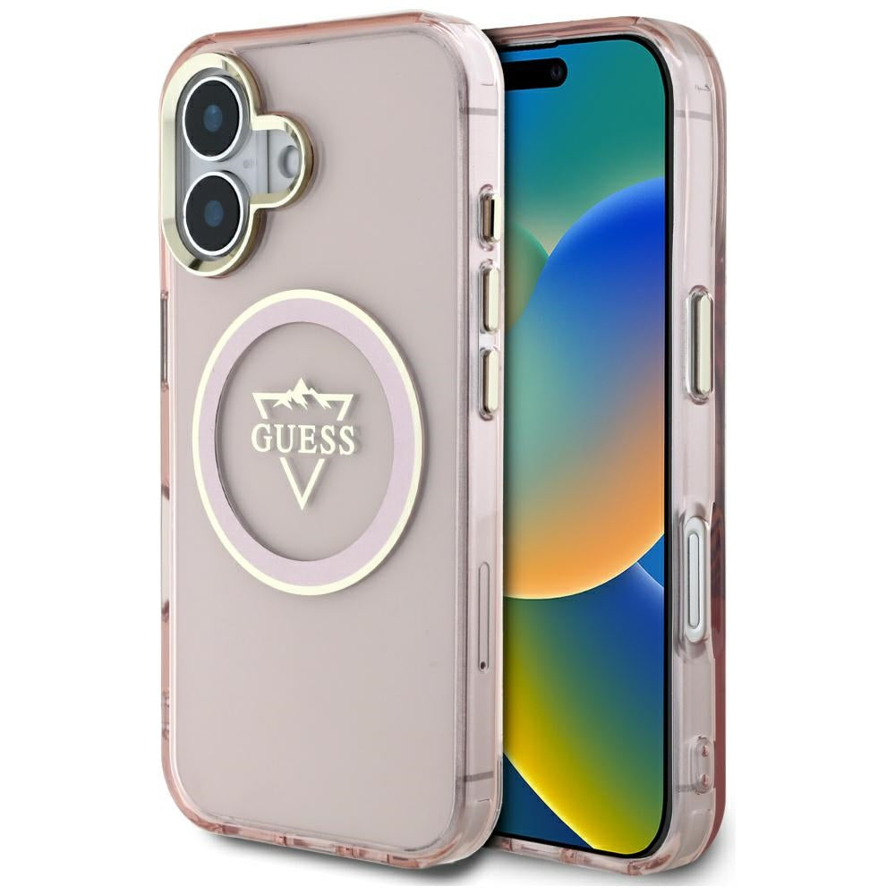 Coque MagSafe pour Apple iPhone 16, Guess, logo IML Metal Mountain, Rose