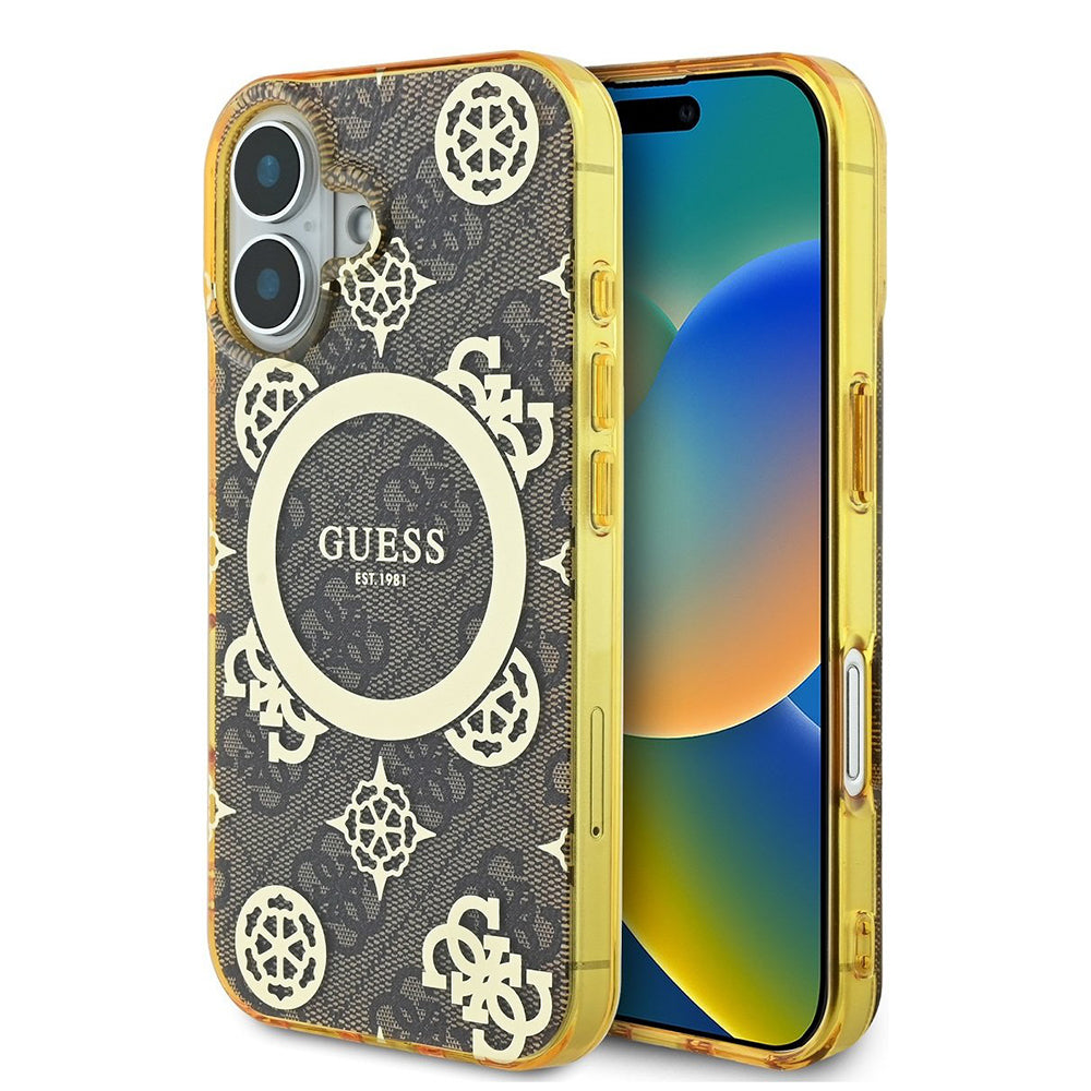 Étui MagSafe pour Apple iPhone 16, Guess, IML Peony On 4G Background, Marron