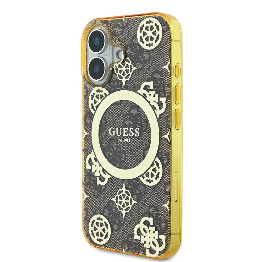 Étui MagSafe pour Apple iPhone 16, Guess, IML Peony On 4G Background, Marron