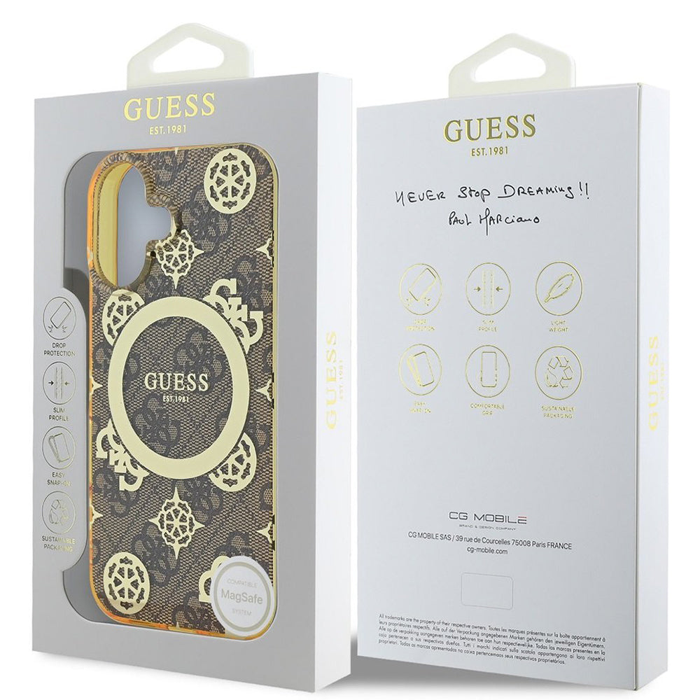 Étui MagSafe pour Apple iPhone 16, Guess, IML Peony On 4G Background, Marron