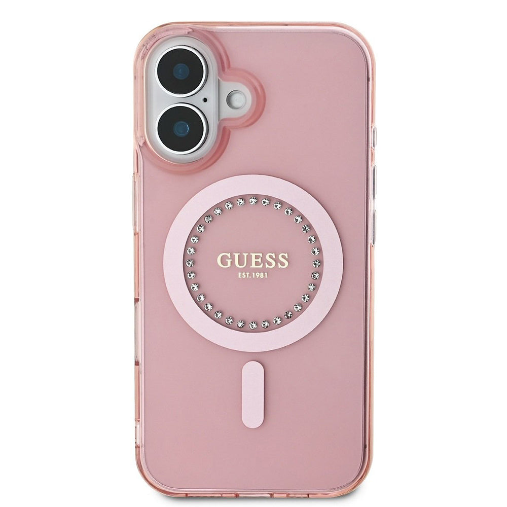 Étui MagSafe pour Apple iPhone 16, Guess, Anneau de Strass IML, Rose GUHMP16SPFTDTEP