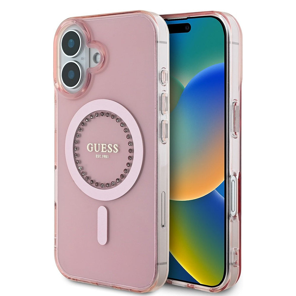 Étui MagSafe pour Apple iPhone 16, Guess, Anneau de Strass IML, Rose GUHMP16SPFTDTEP