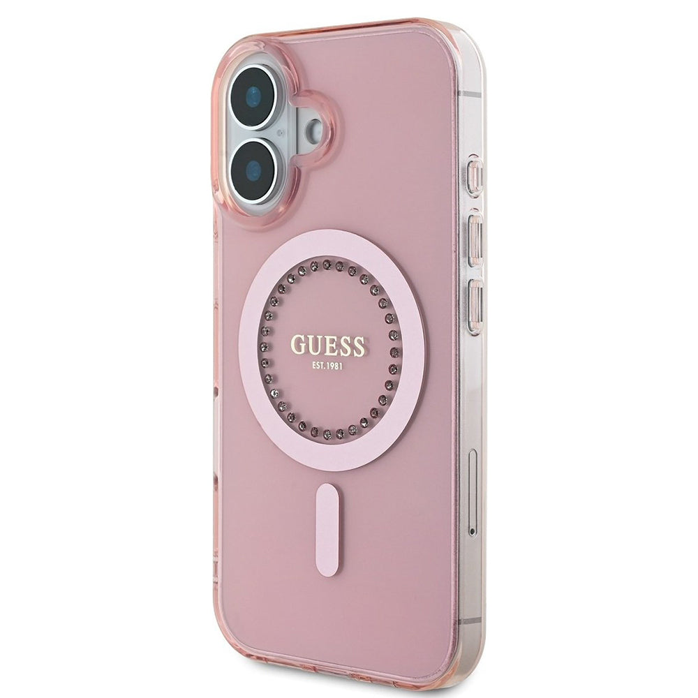 Étui MagSafe pour Apple iPhone 16, Guess, Anneau de Strass IML, Rose GUHMP16SPFTDTEP