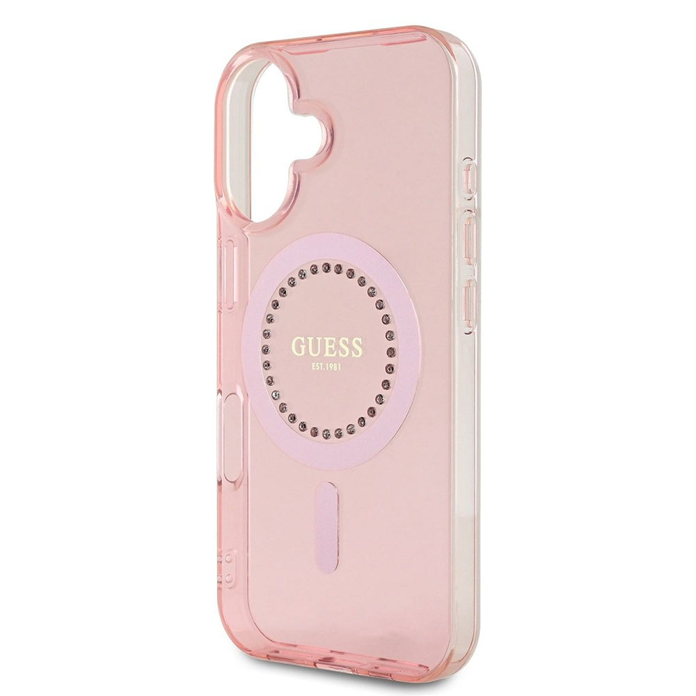 Étui MagSafe pour Apple iPhone 16, Guess, Anneau de Strass IML, Rose GUHMP16SPFTDTEP