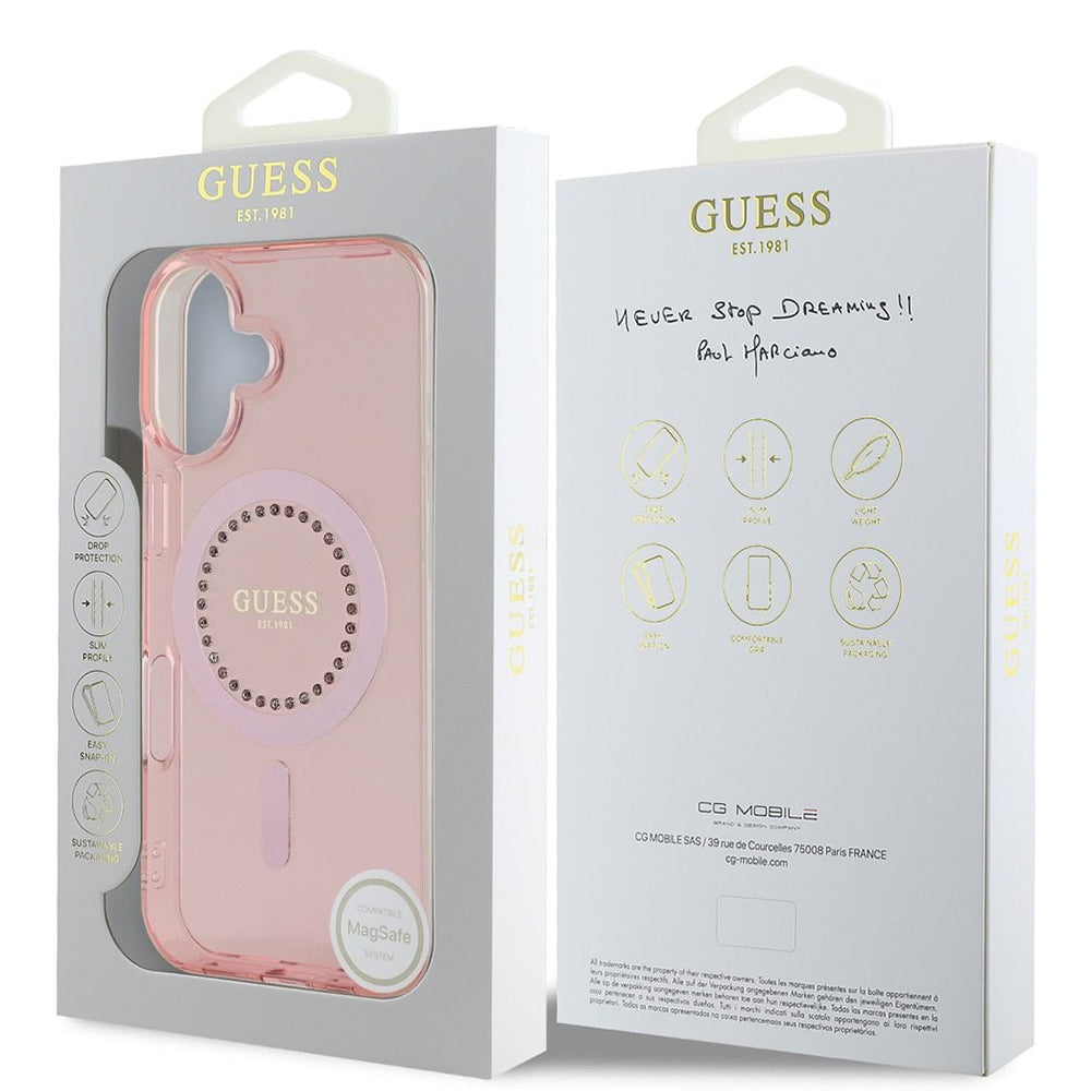Étui MagSafe pour Apple iPhone 16, Guess, Anneau de Strass IML, Rose GUHMP16SPFTDTEP