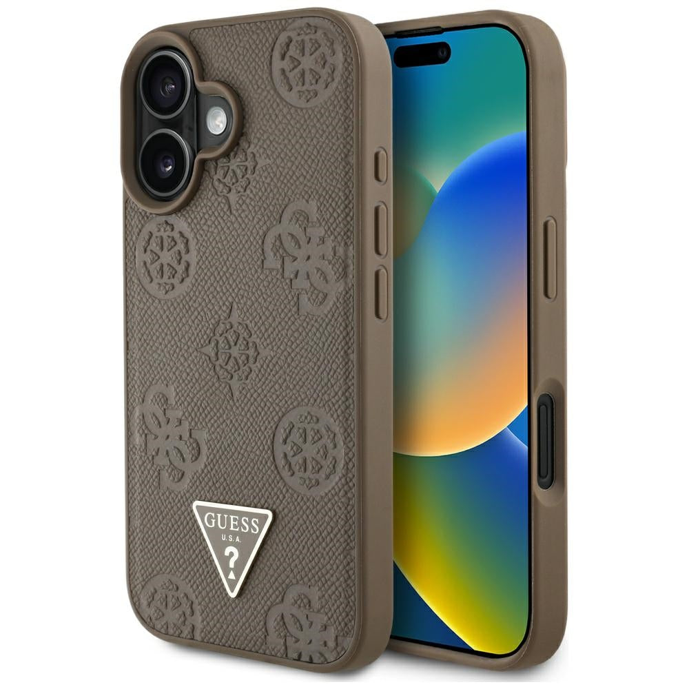 Étui MagSafe pour Apple iPhone 16, Guess, Peony Grained Hot Stamp Triangle, Marron