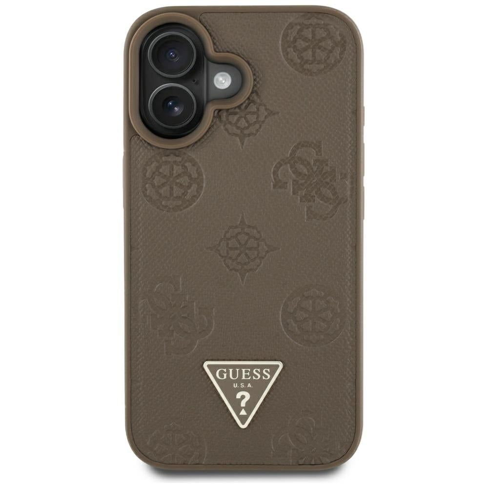 Étui MagSafe pour Apple iPhone 16, Guess, Peony Grained Hot Stamp Triangle, Marron