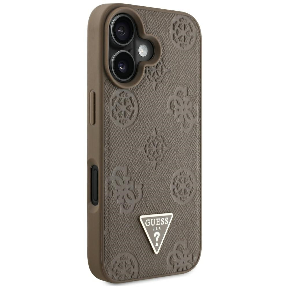 Étui MagSafe pour Apple iPhone 16, Guess, Peony Grained Hot Stamp Triangle, Marron