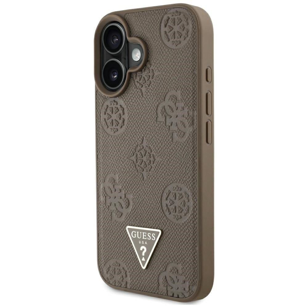 Étui MagSafe pour Apple iPhone 16, Guess, Peony Grained Hot Stamp Triangle, Marron
