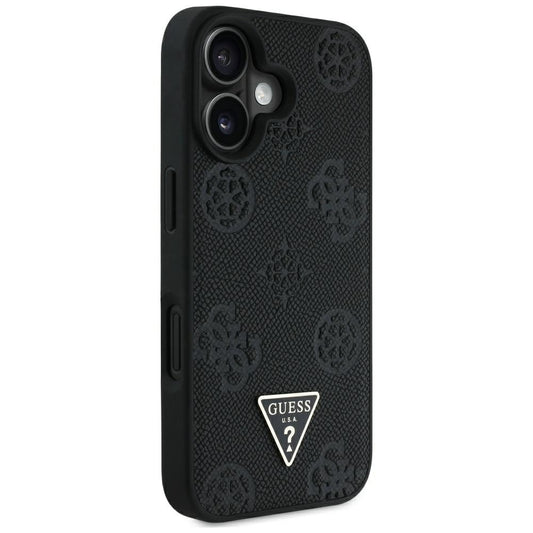 Étui MagSafe pour Apple iPhone 16, Guess, Peony Grained Hot Stamp Triangle, Noir